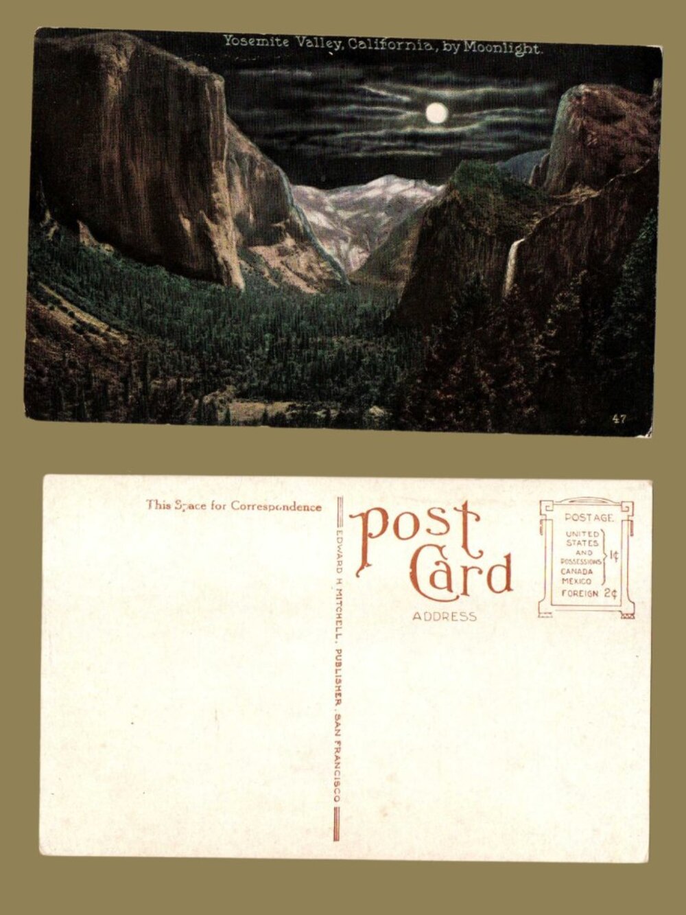 POSTCARD SALE 10/$20 Yosemite Valley Moonlight California National Park Postcard